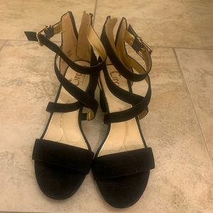 Black suede low strappy heels. Sam Edelman